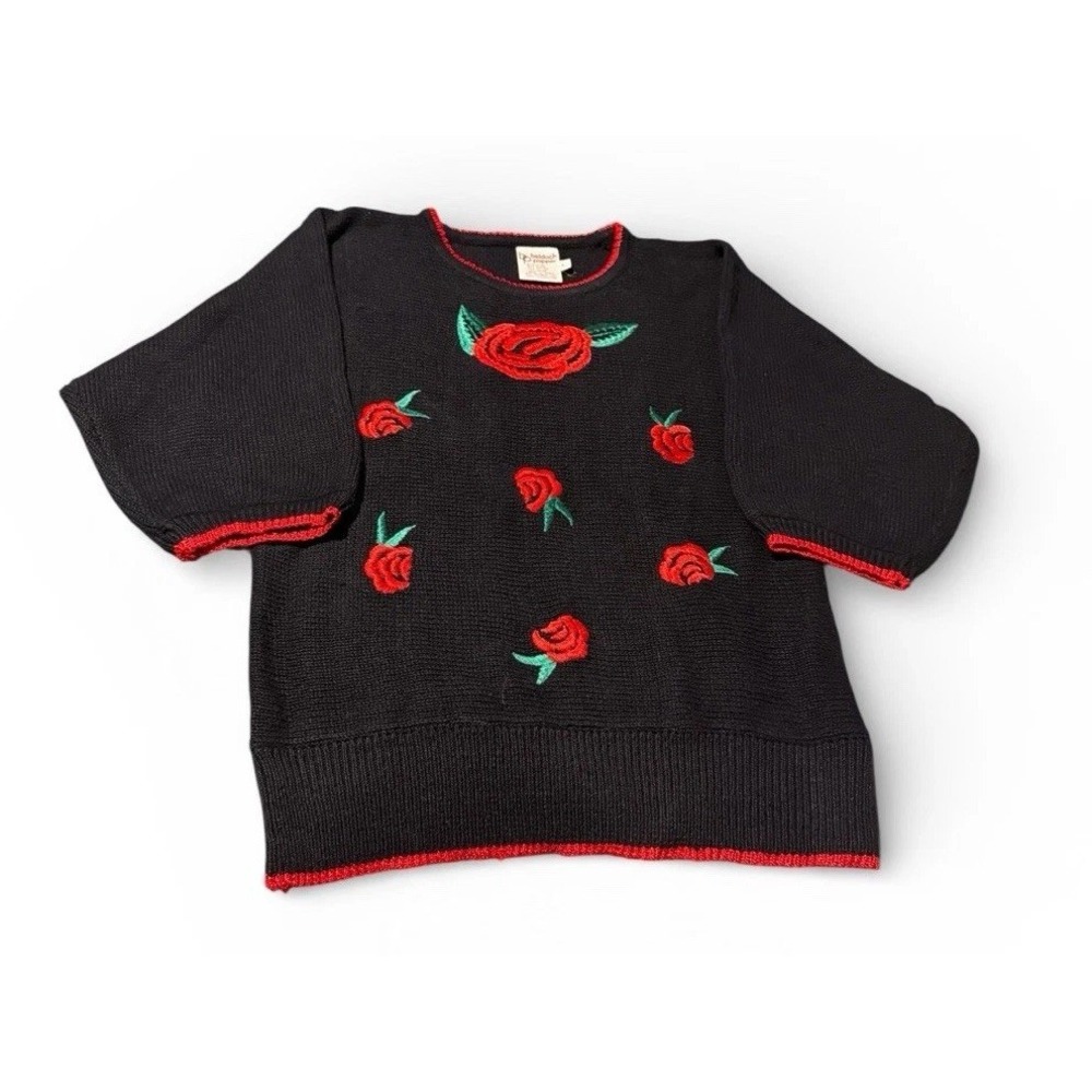 Vtg 90s Beldoch Popper Navy Sweater L Embroidered Roses Short Sleeve Grandmacore